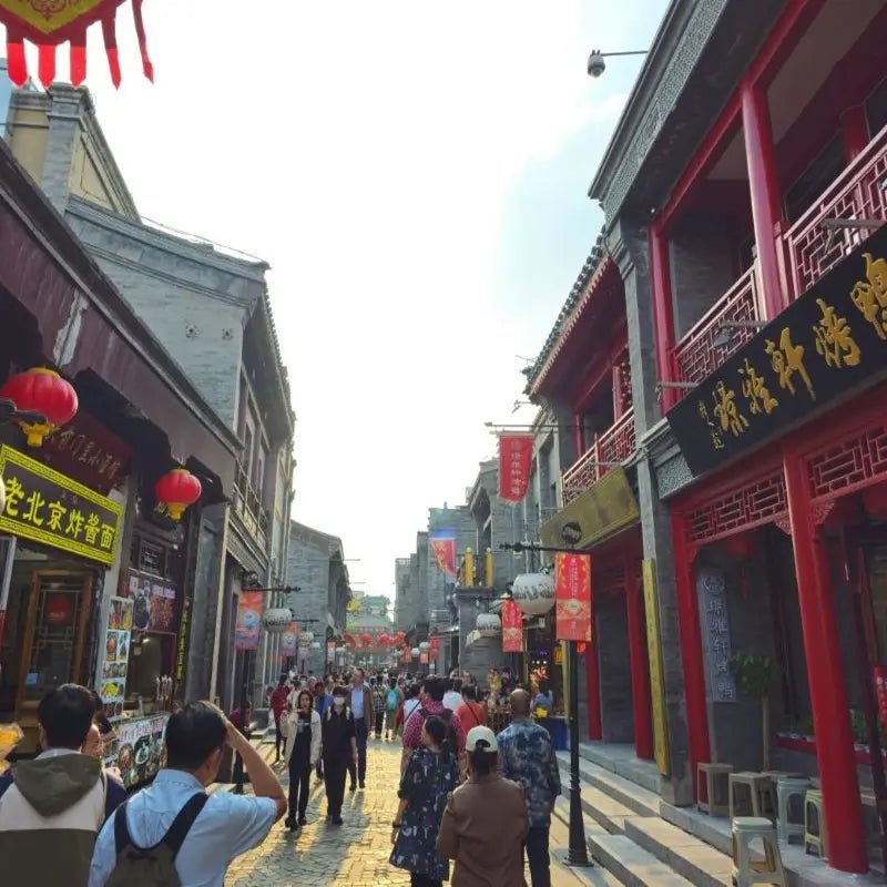 Dashilan ancient pedestrian street in Qianmen Beijing, traditional Chinese shops with red lanterns, visitors exploring old Beijing culture