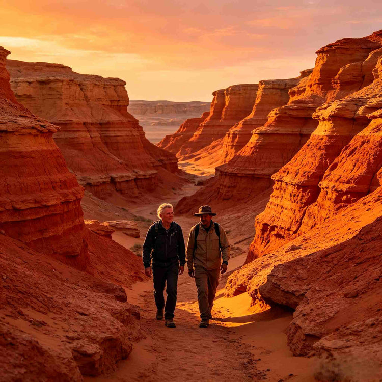 Two visitors hiking at Bayanzag Flaming Cliffs, Gobi Desert dinosaur fossil site