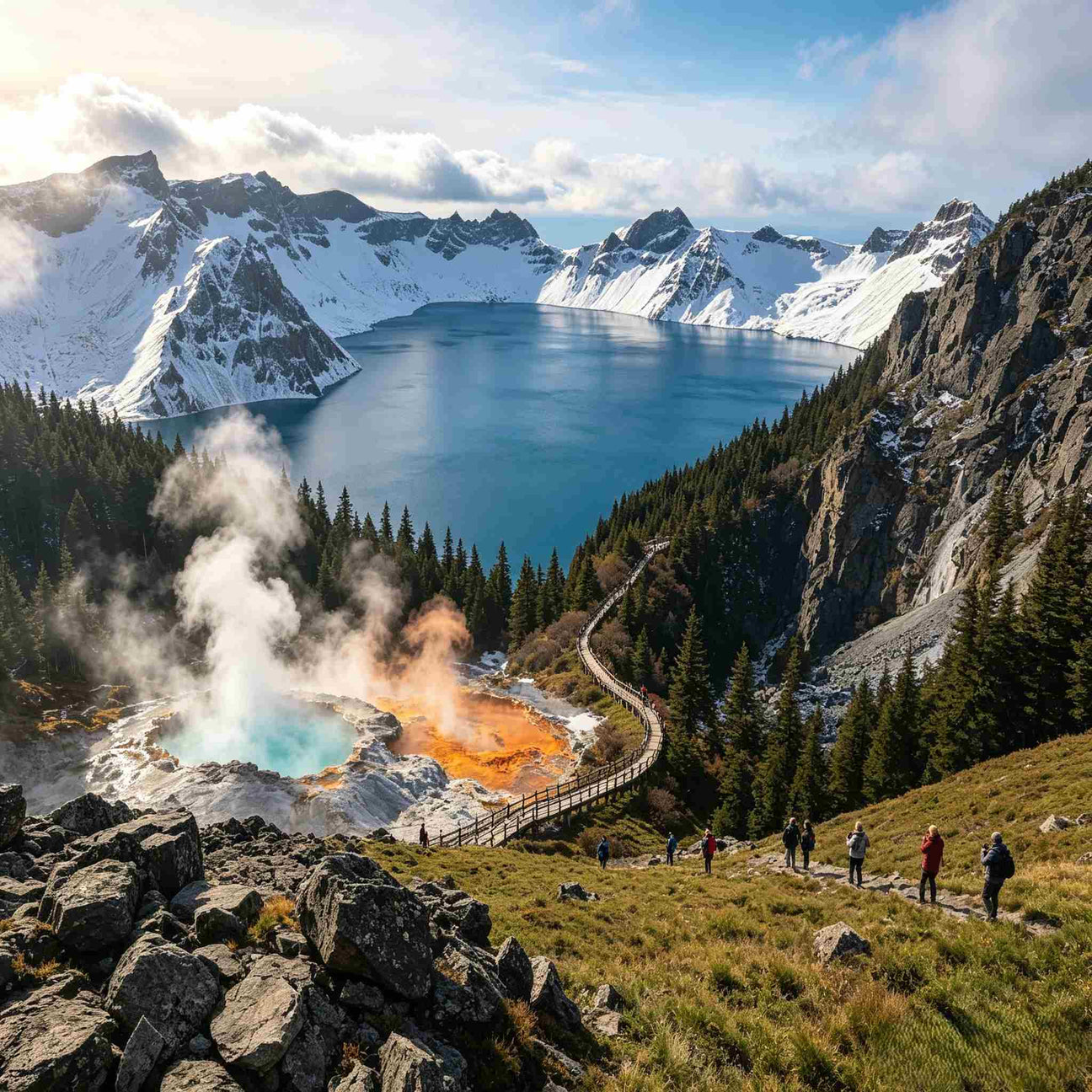 Panoramic view of Changbai Mountain Heavenly Lake, snow-capped volcanic crater lake with geothermal steam and hillside hiking trail