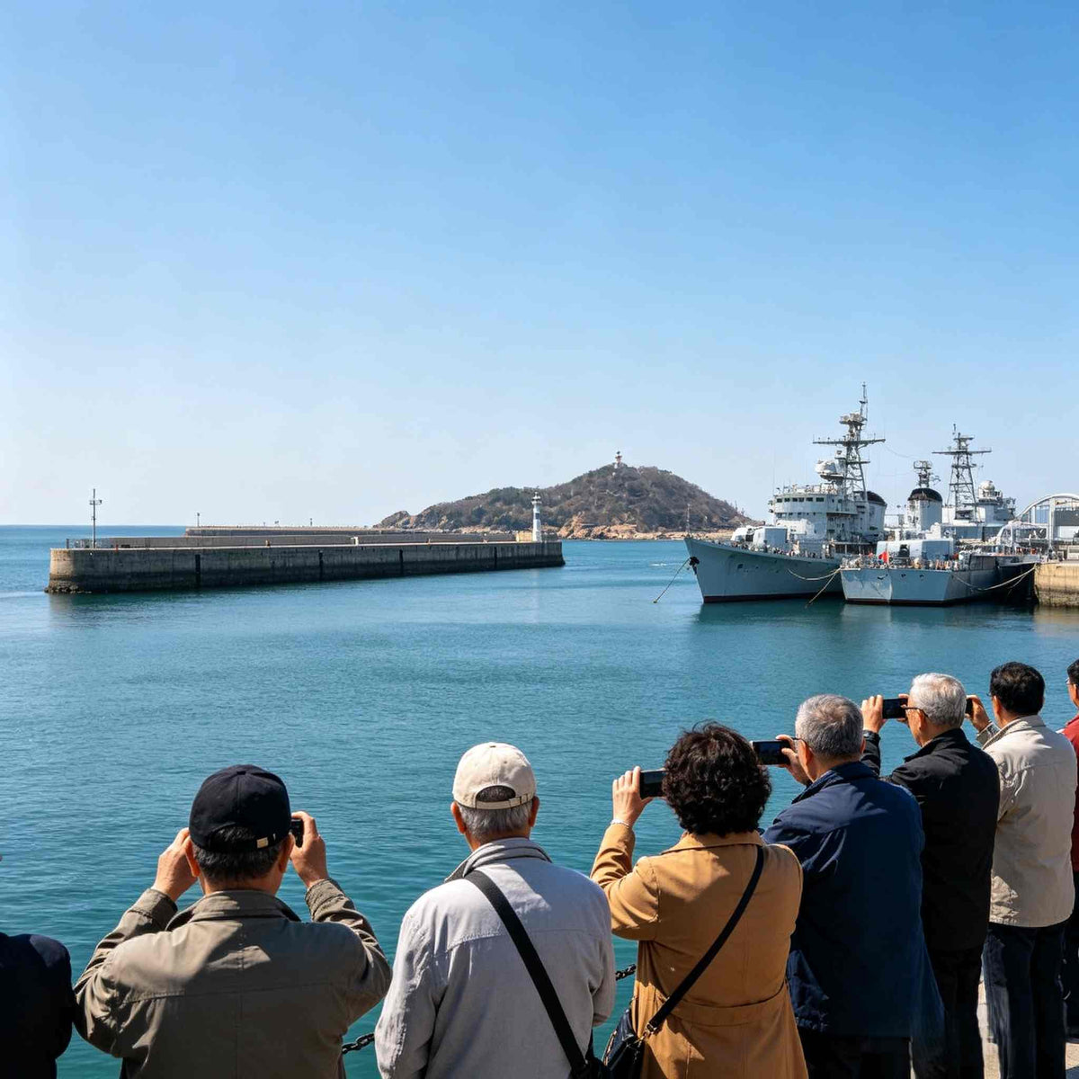 Tourists viewing naval vessels at Lüshun Naval Port Park waterfront, Dalian