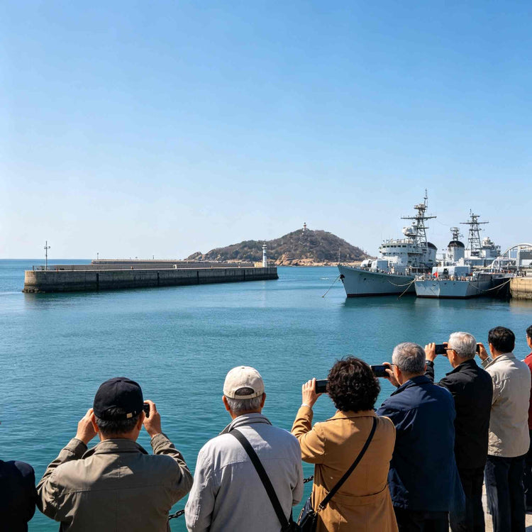 Tourists viewing naval vessels at Lüshun Naval Port Park waterfront, Dalian