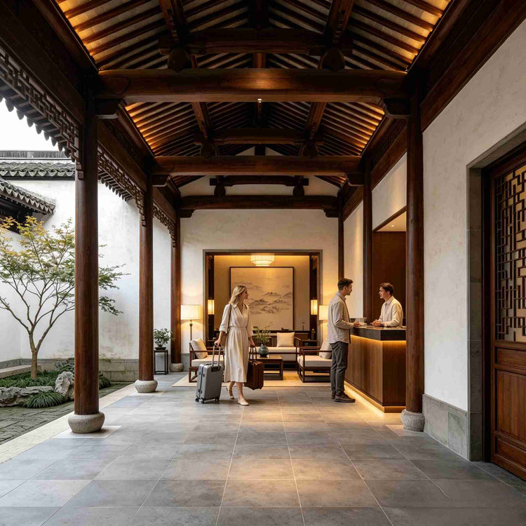 Interior lobby of 4-star classical Chinese boutique hotel in Jiangnan water town for international private tour guests