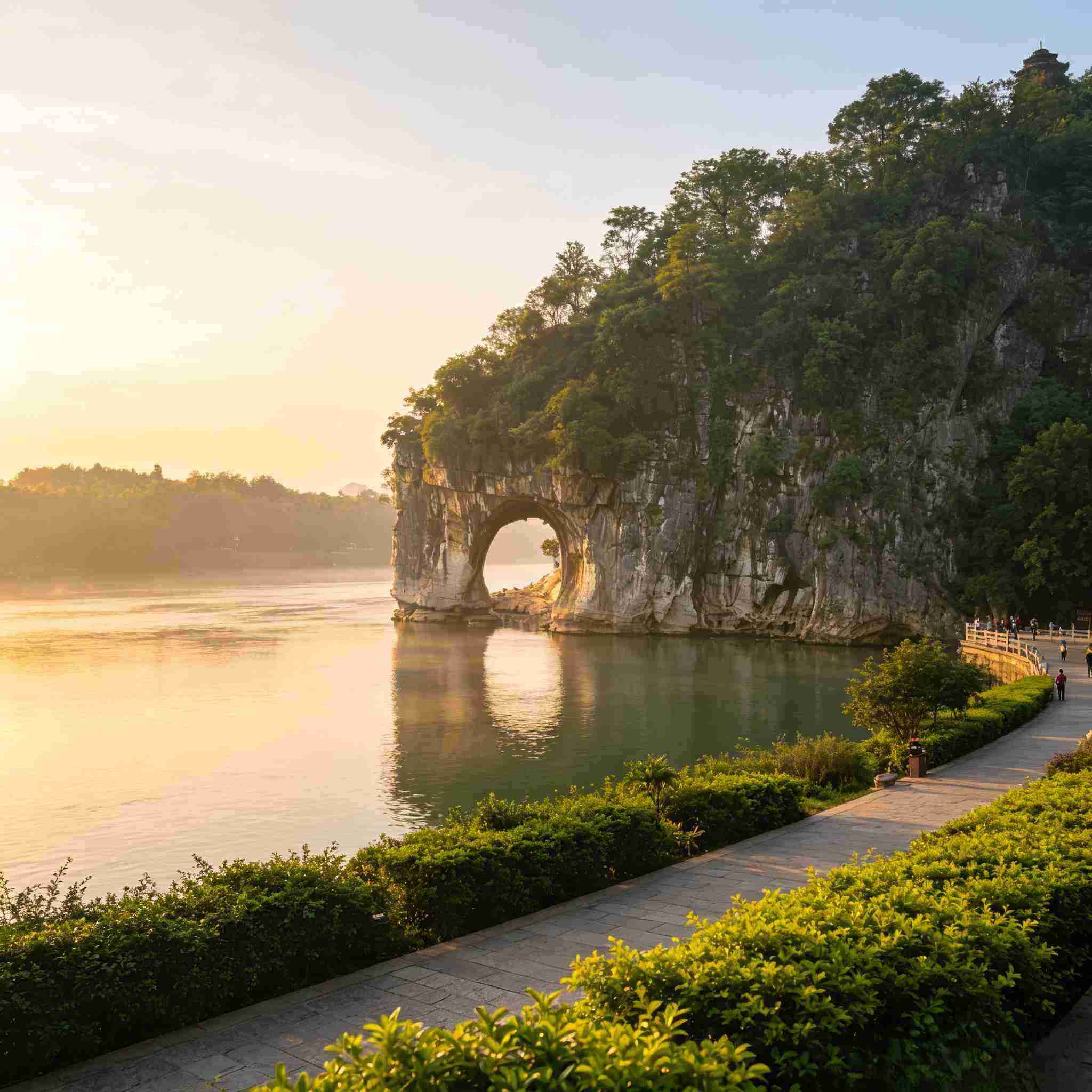 Elephant Trunk Hill scenic area by Li River, iconic Guilin city landmark with karst hill and riverside path