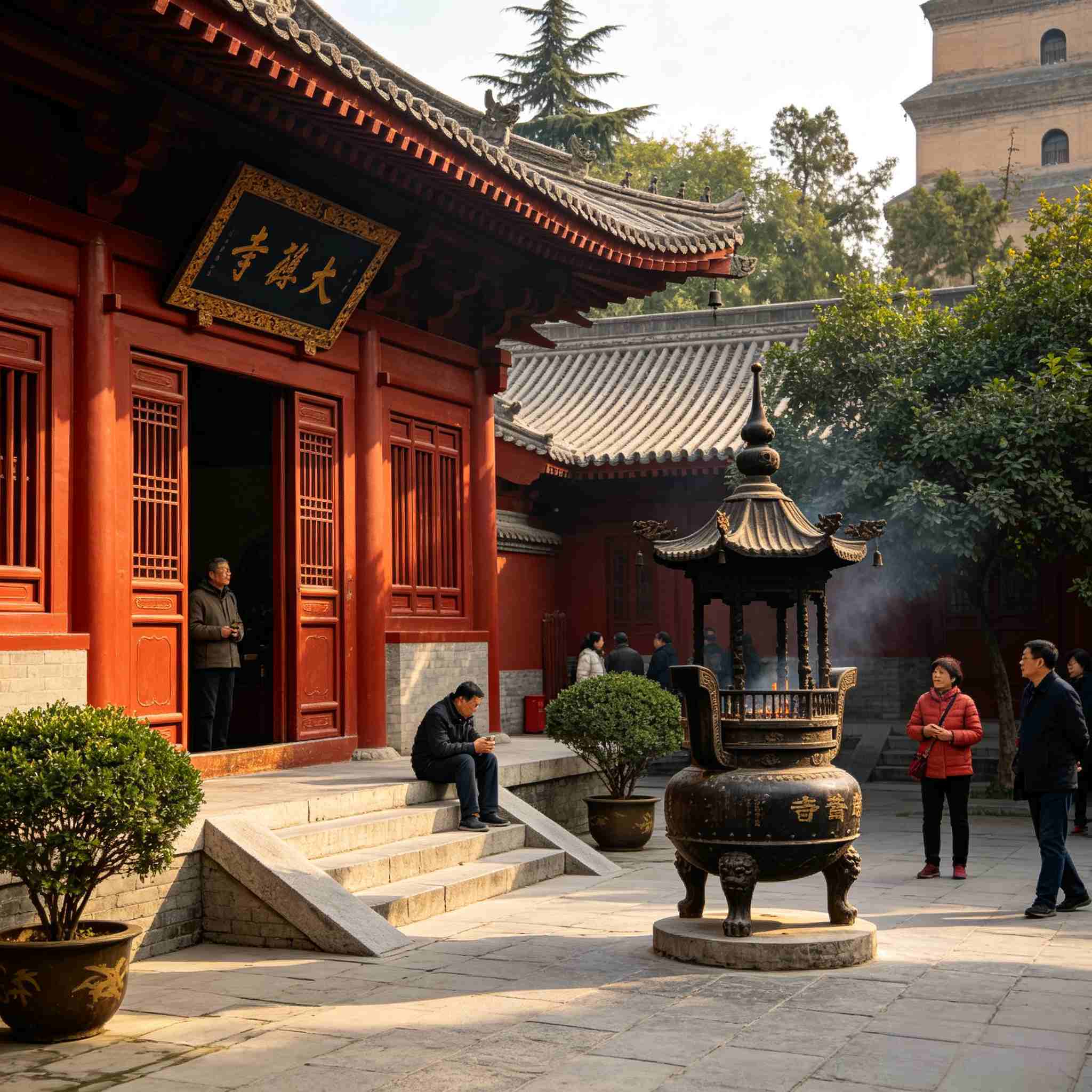 Traditional courtyard at Daci'en Temple with Big Wild Goose Pagoda, Xi'an