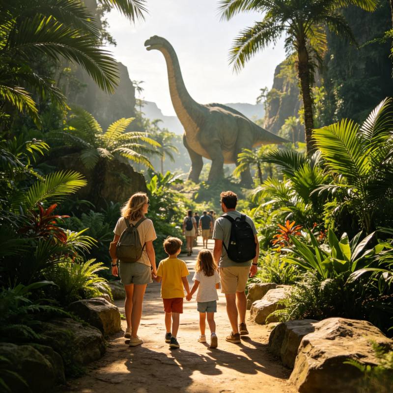 European American family exploring Jurassic-themed area at Universal Studios