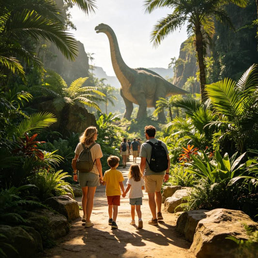 Family walking through Jurassic World themed area at Universal Beijing Resort
