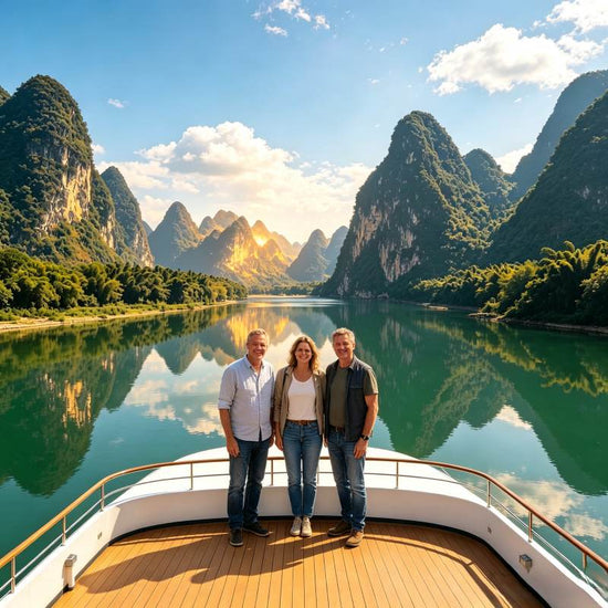 Three western tourists on Li River 4-star cruise admiring karst scenery along the waterway, Yangshuo Guilin