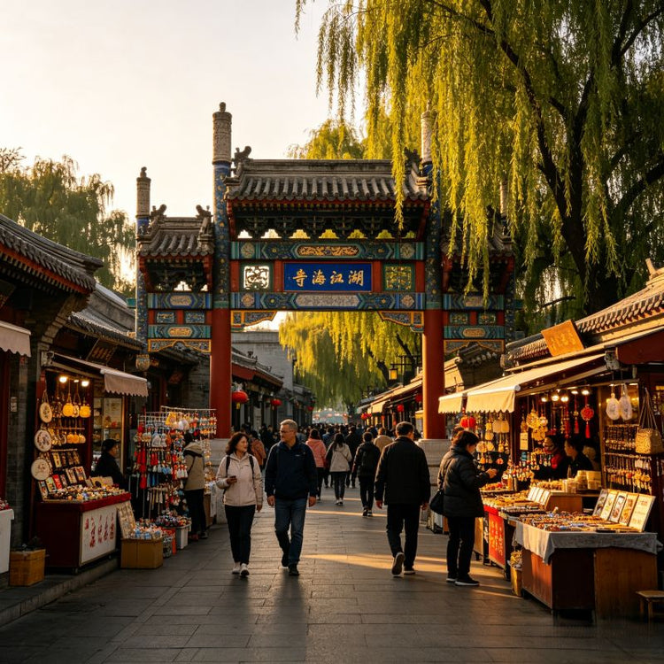 Tourists on historic hutong street with traditional archway, Shichahai well-preserved old Beijing water town