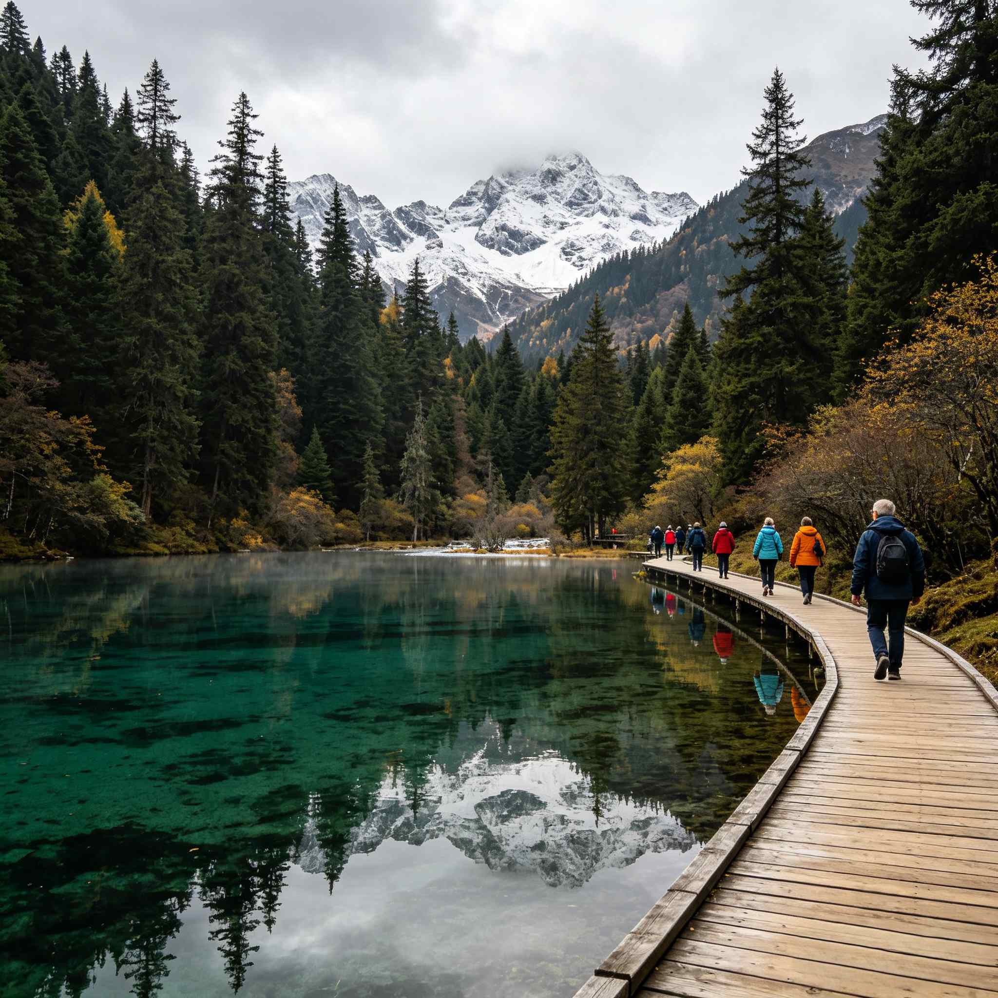 Muni Valley hiking trail through lush green forest and mountain stream, travelers on guided nature walk