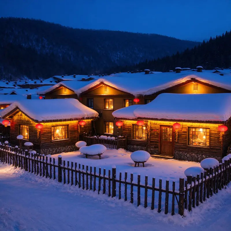 Xuexiang Snow Town wooden cabins at night, thick snow covered rooftops with warm lights and red lanterns, winter wonderland China