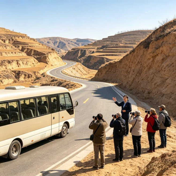 Tour group taking photos at Loess Plateau roadside, minibus by winding highway with terraced loess landforms