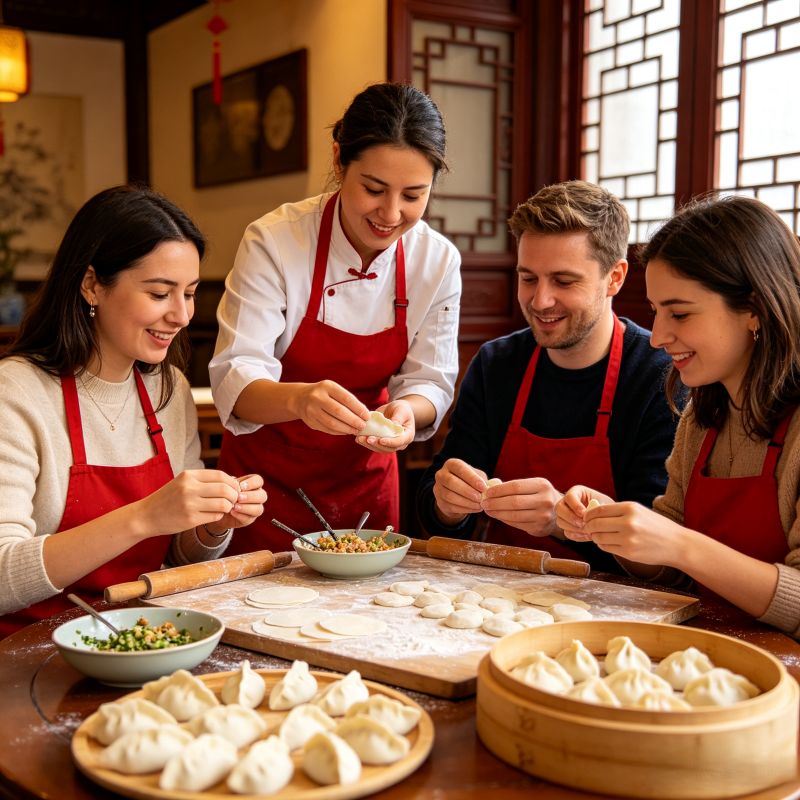 Chinese dumpling making DIY experience, western tourists learning to make Jiaozi with local chef, Beijing cultural activity
