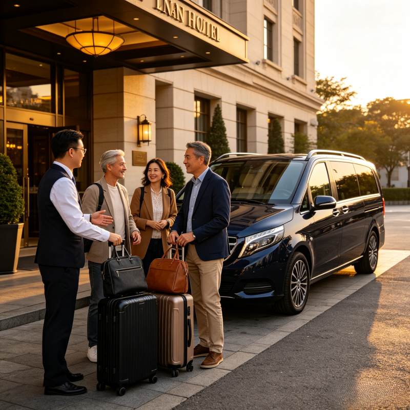 Private hotel pickup: staff greeting western travelers with luggage by luxury MPV at hotel entrance