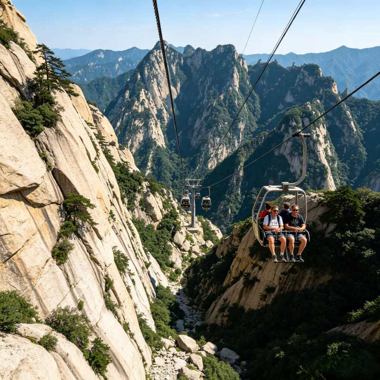 Mount Huashan cable car soaring over steep mountain cliffs, panoramic view of granite peaks and valleys