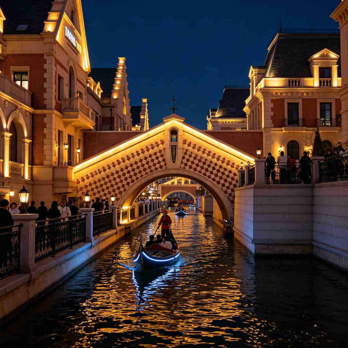 Gondola ride at Donggang Venice Water Town with night lights, Dalian