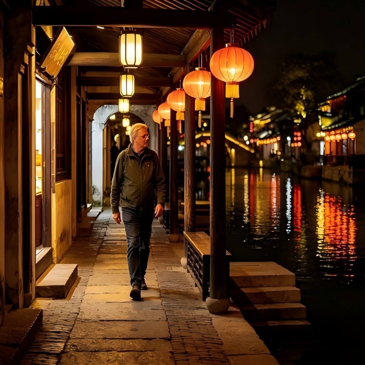 Western traveler walking along covered corridors in Xitang water town, Jiangnan