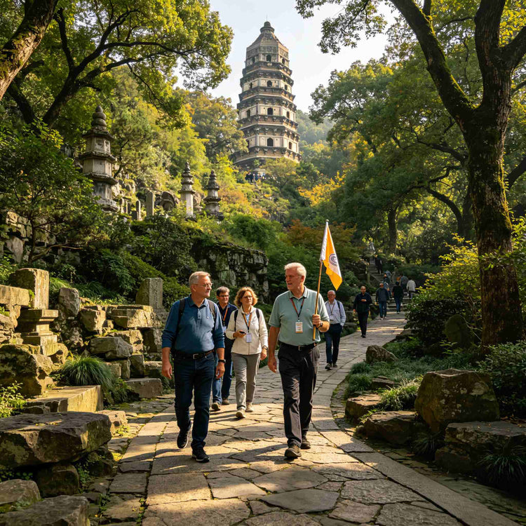 Visitors exploring ancient Tiger Hill with its iconic pagoda, private guided heritage tour in Suzhou