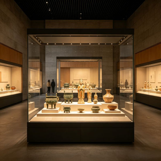 Interior exhibition hall of Xi'an Museum, ancient cultural relics displayed in glass showcase