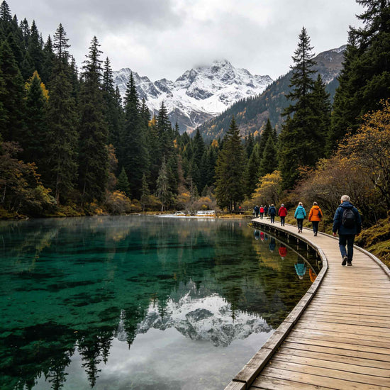 Muni Valley hiking trail through lush green forest and mountain stream, travelers on guided nature walk