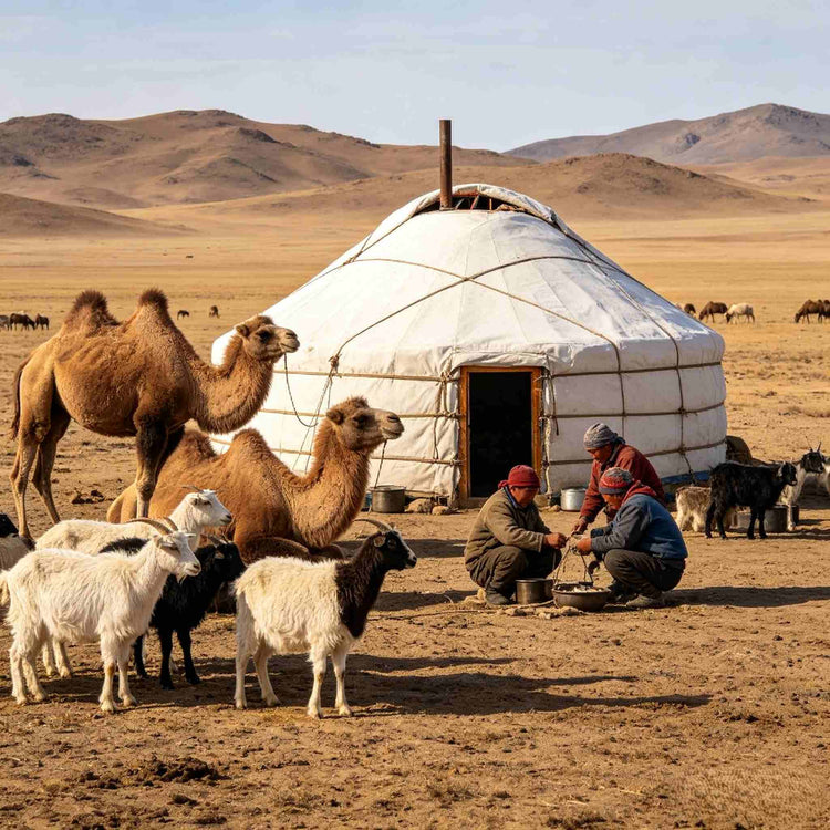 Traditional Mongolian ger camp with local nomadic family, camels and goats
