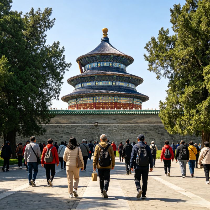 Visitors walking toward Hall of Prayer for Good Harvests at Temple of Heaven, UNESCO imperial sacrificial site in Beijing