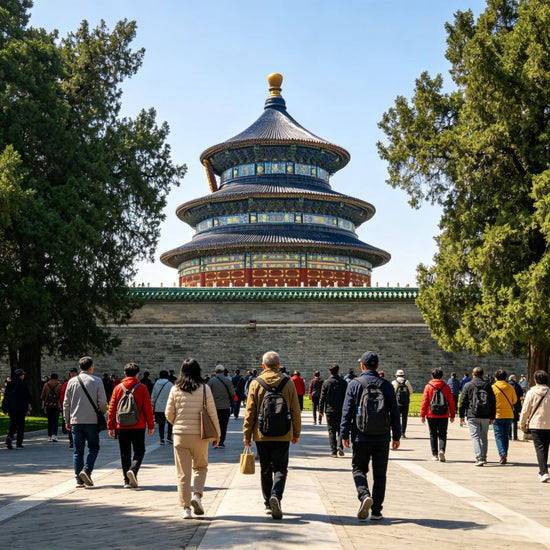 Visitors walking toward Hall of Prayer for Good Harvests at Temple of Heaven, UNESCO imperial sacrificial site in Beijing