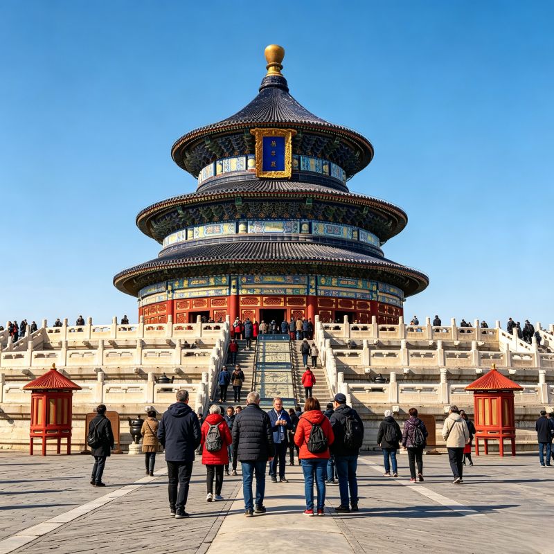Visitors walking to Hall of Prayer for Good Harvests, Temple of Heaven UNESCO imperial sacrificial site in Beijing