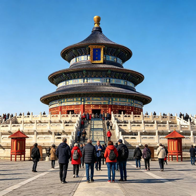 Visitors walking to Hall of Prayer for Good Harvests, Temple of Heaven UNESCO imperial sacrificial site in Beijing