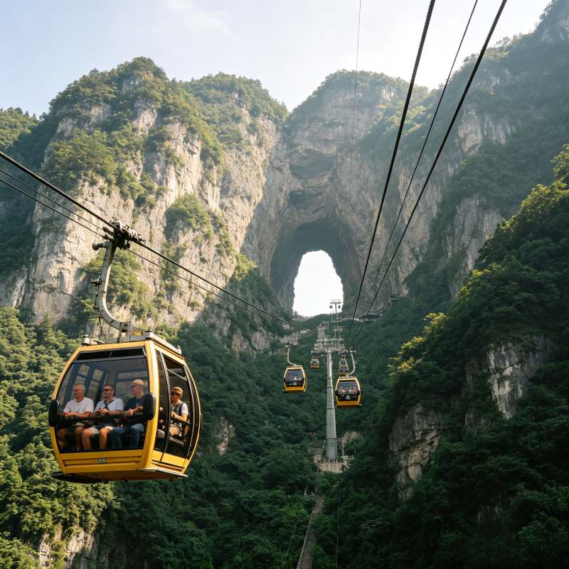 Cable car ascending Tianmen Mountain with the natural Tianmen Cave rock arch visible in the distance, Zhangjiajie