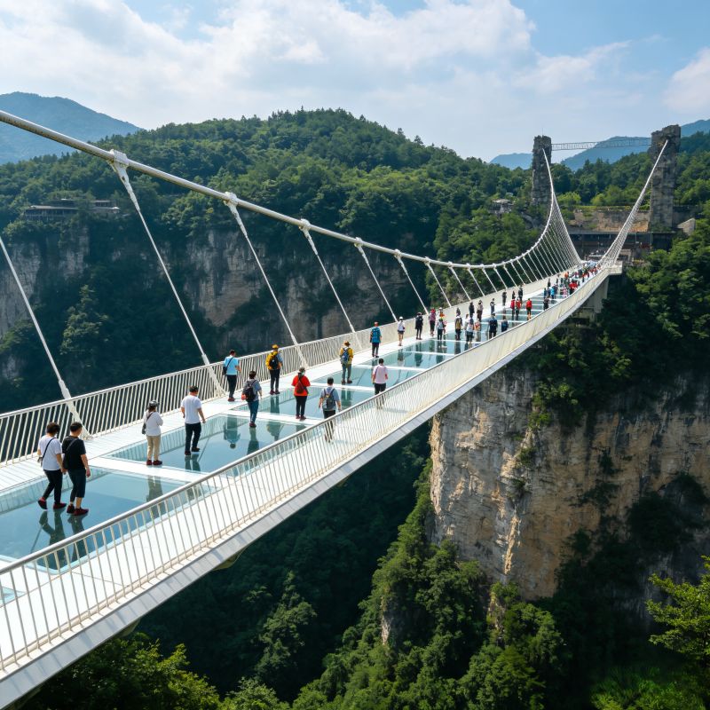 Zhangjiajie Grand Canyon Glass Bridge, travelers crossing the transparent glass suspension bridge 300m above the valley floor