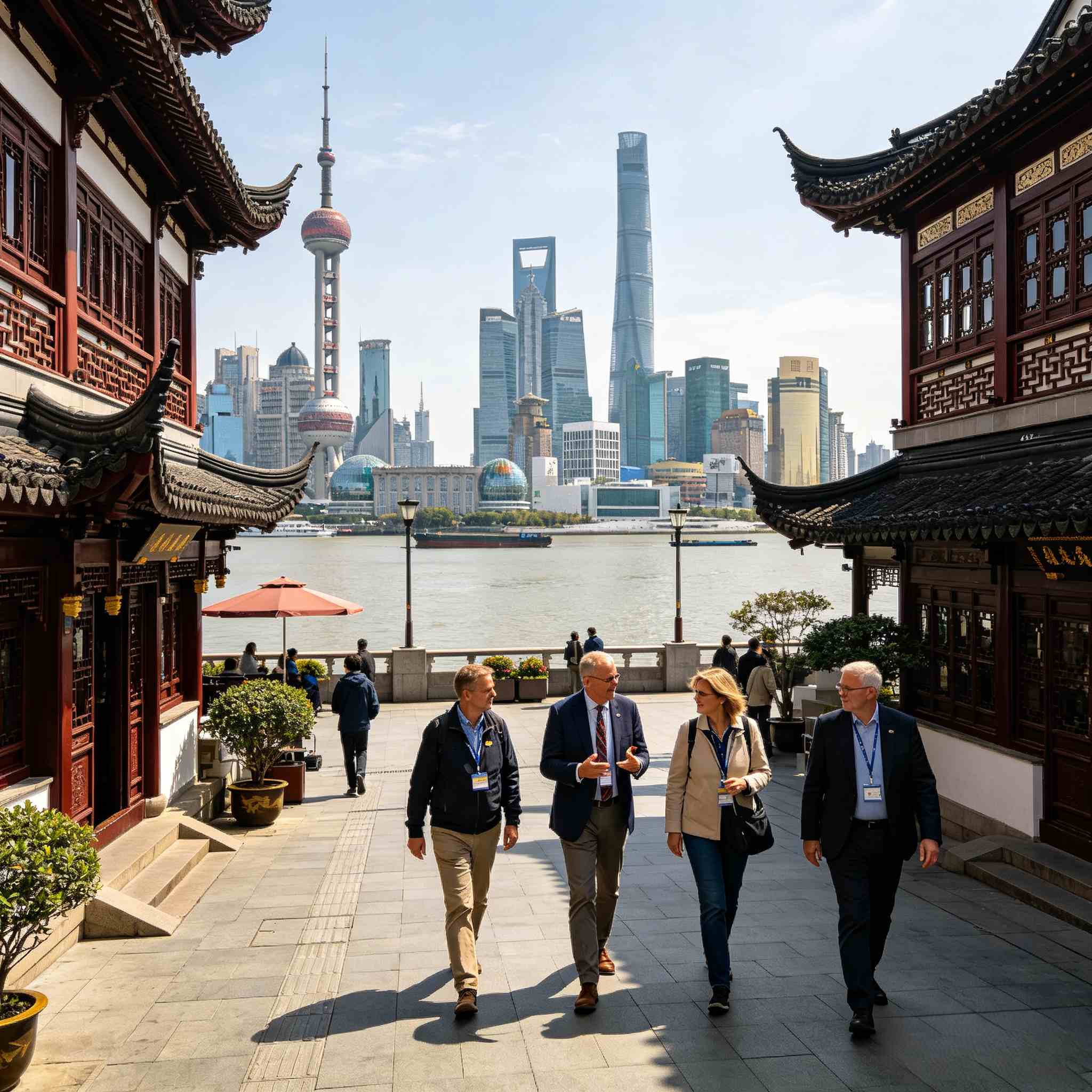 Group of international tourists exploring the historic Bund waterfront in Shanghai, private East China multi-day tour
