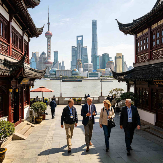 Group of international tourists exploring the historic Bund waterfront in Shanghai, private East China multi-day tour