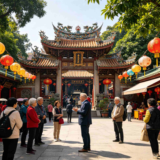 Traditional Fuzimiao Confucius Temple street with red lanterns, guided tour group exploring Nanjing old town heritage