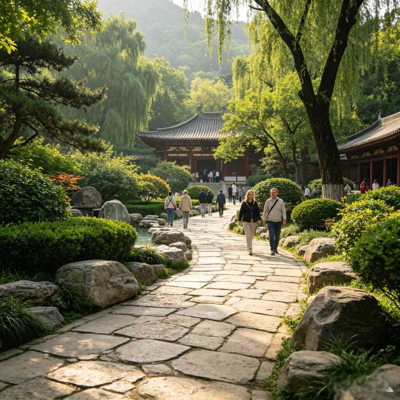 Western tourists strolling through Tang royal garden of Huaqing Palace with Lishan Mountain backdrop, Xi'an China