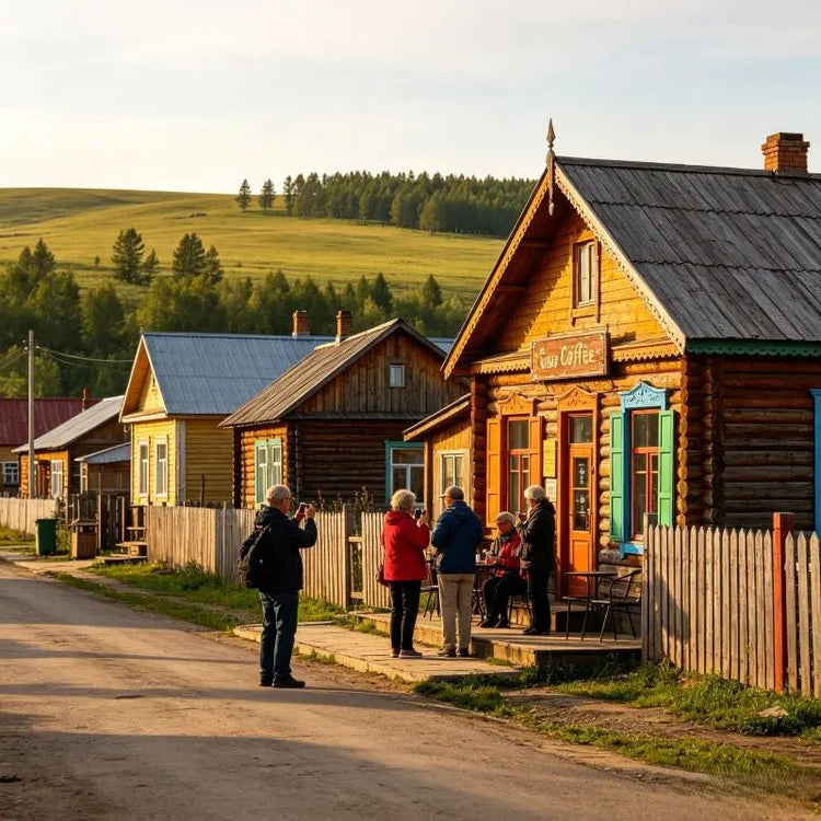 Western tourists at wooden coffee house in Enhe Russian village, Hulunbuir