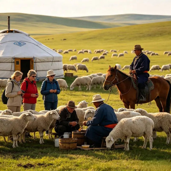 Western tourists interacting with local Mongolian herders, sheep and traditional yurt at Hulunbuir grassland ranch