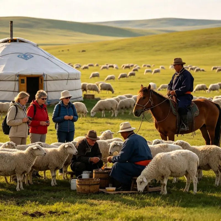 Western tourists interacting with local Mongolian herders, sheep and traditional yurt at Hulunbuir grassland ranch