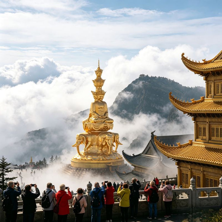 Golden Summit of Emei Mountain with sea of clouds, famous Buddhist mountain & UNESCO site
