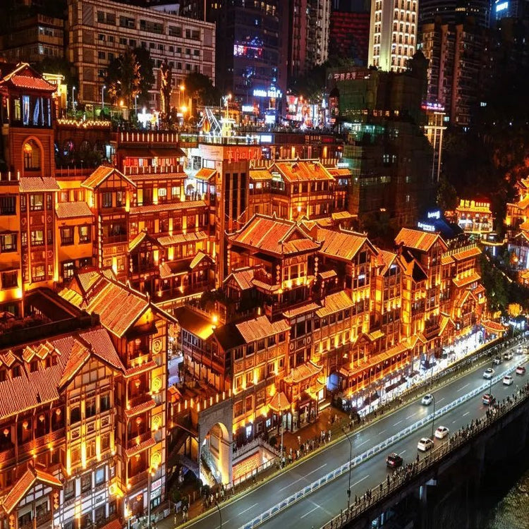 Hongya Cave Chongqing night view, illuminated traditional stilt houses, China inbound travel attraction