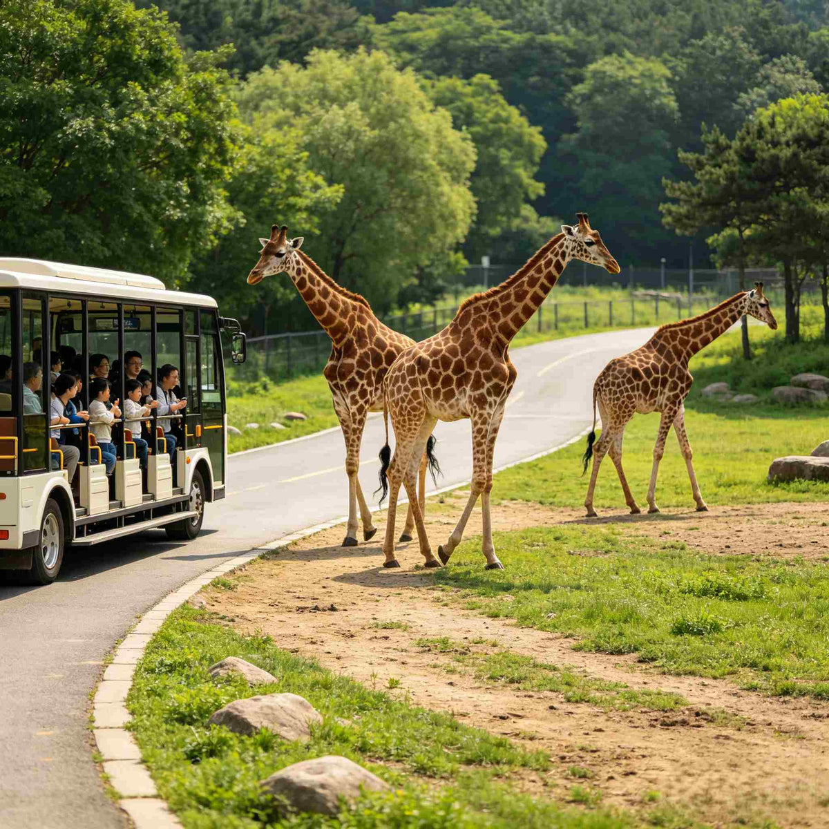 Giraffes in free-range area with sightseeing bus, Dalian Forest Zoo
