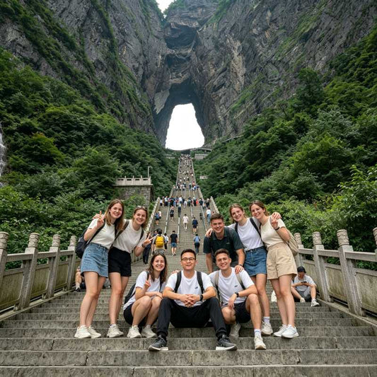 Group of western travelers posing at Tianmen Cave, Tianmen Mountain, Zhangjiajie