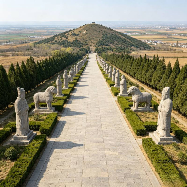 Qianling Mausoleum spirit way with stone statues, straight imperial path leading to the tomb hill, no people, Tang dynasty emperor mausoleum, Xi'an