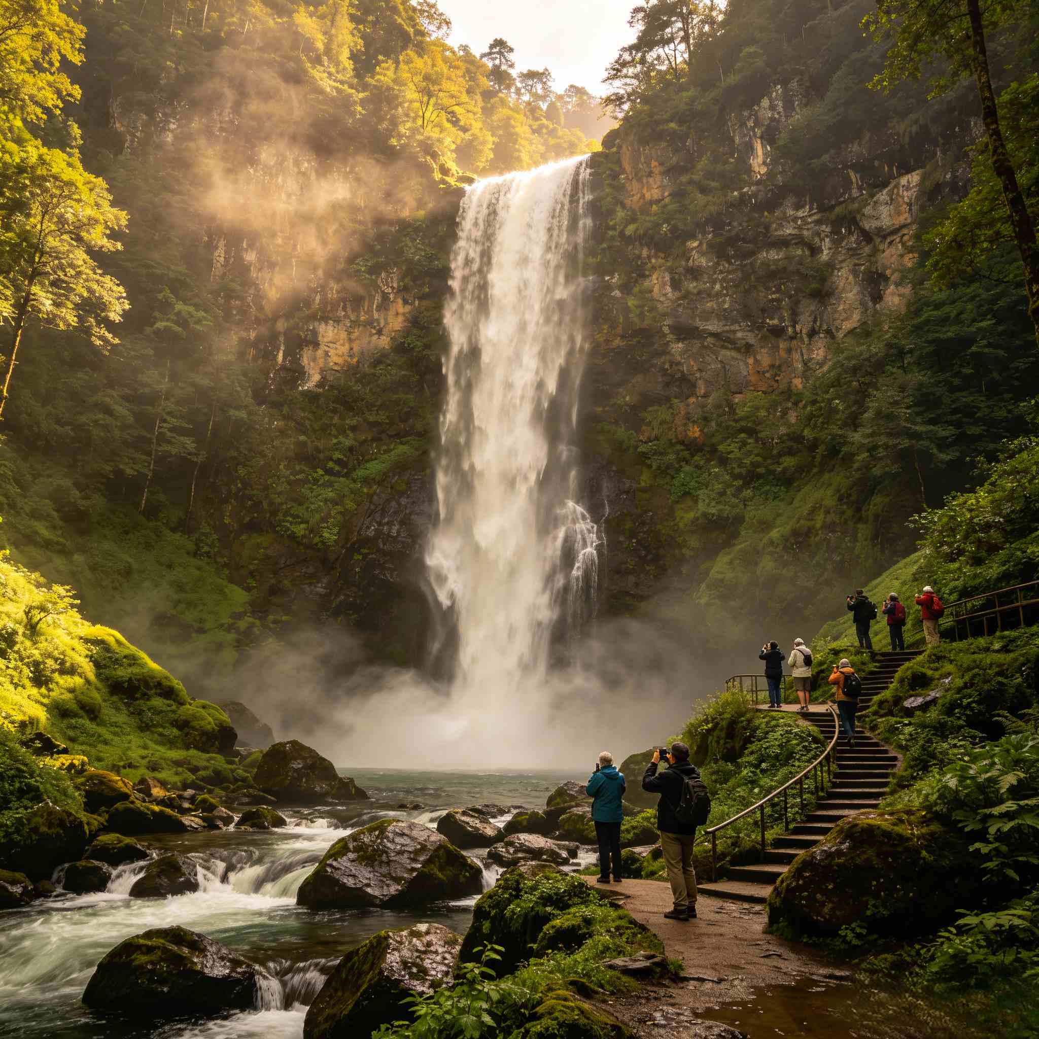 Majestic Zhaga Waterfall cascading down rocky cliff, surrounded by dense virgin forest in Muni Valley