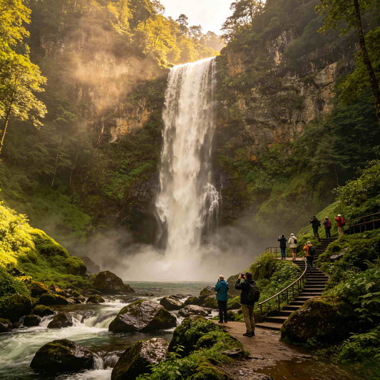 Majestic Zhaga Waterfall cascading down rocky cliff, surrounded by dense virgin forest in Muni Valley