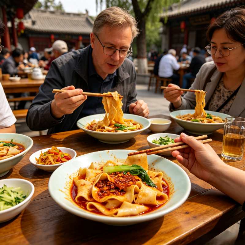 Western tourists enjoying hand-pulled Biang Biang noodles at local restaurant near Huaqing Palace, traditional Shaanxi cuisine