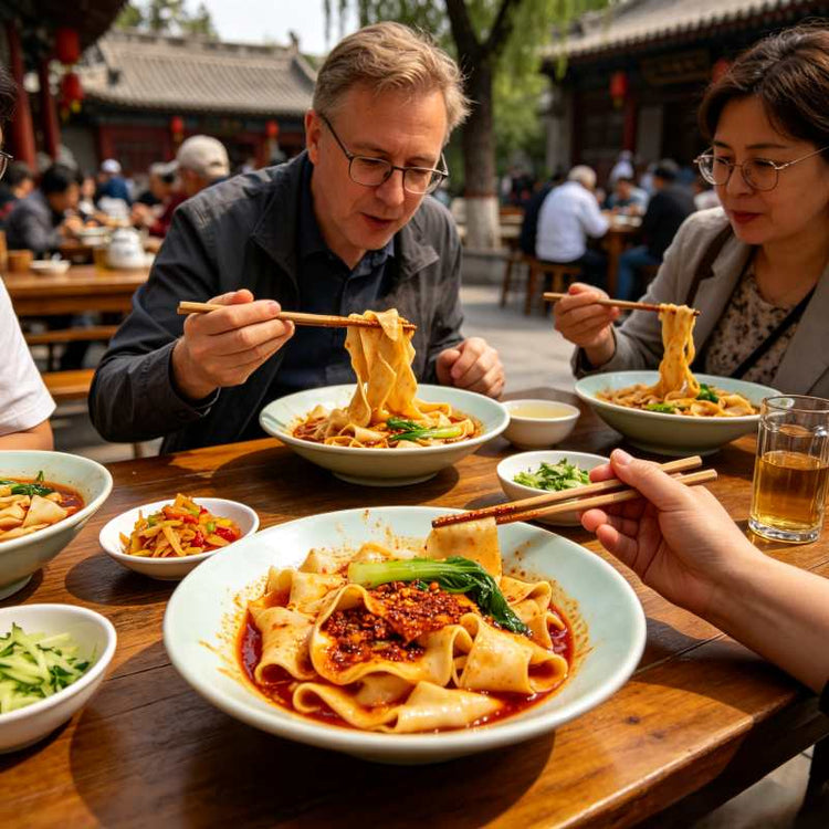 Western tourists enjoying hand-pulled Biang Biang noodles at local restaurant near Huaqing Palace, traditional Shaanxi cuisine
