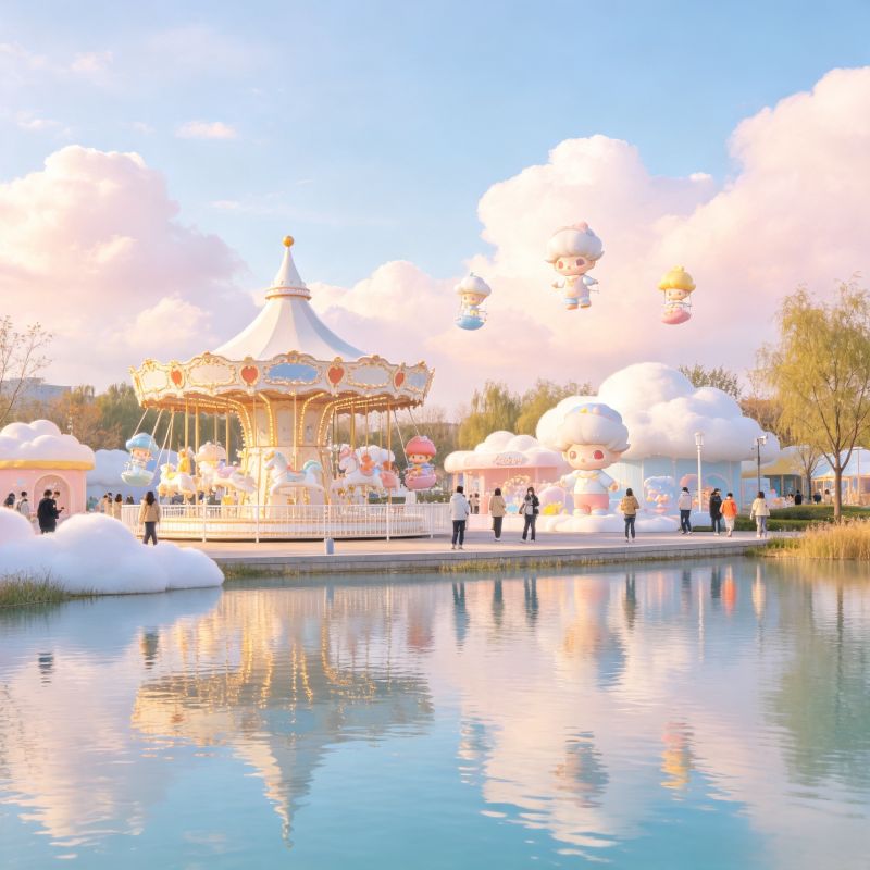 Dreamy lake and carousel scene at Pop Mart City Park