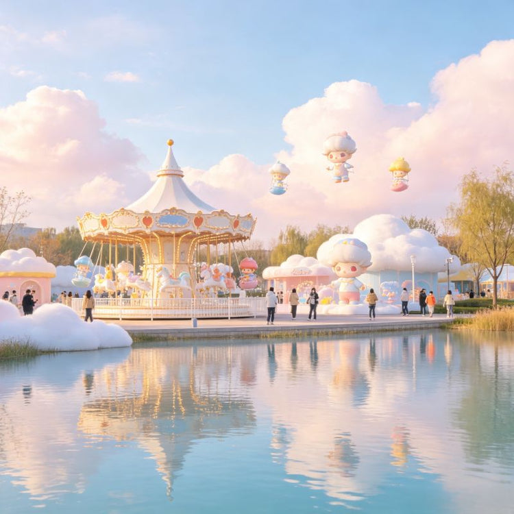 Dreamy lake and carousel scene at Pop Mart City Park