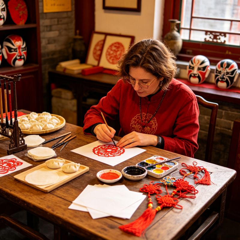 International visitor learning traditional Chinese paper cutting craft at a Beijing hutong cultural experience workshop