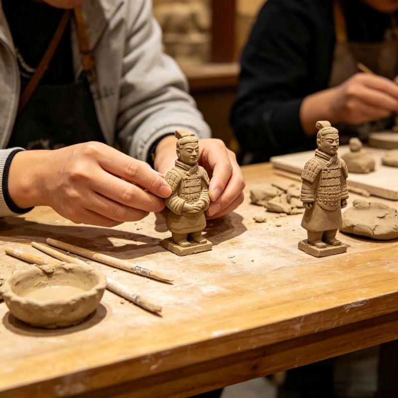 Tourist making mini terracotta figurine during DIY workshop in Xi'an